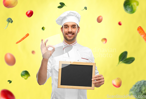 Image of happy smiling male chef showing chalkboard