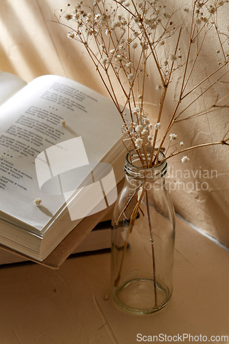 Image of books and decorative dried flowers in glass bottle