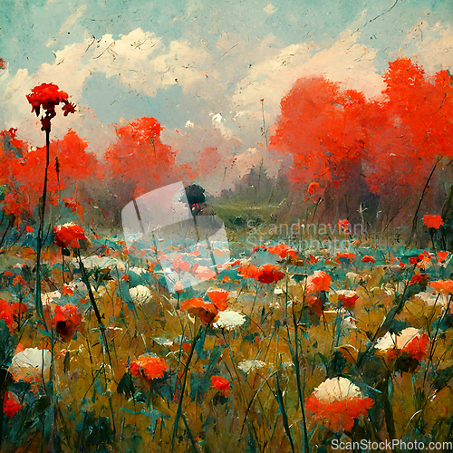 Image of Beautiful poppy field and cloudy sky. Spring flower background, 