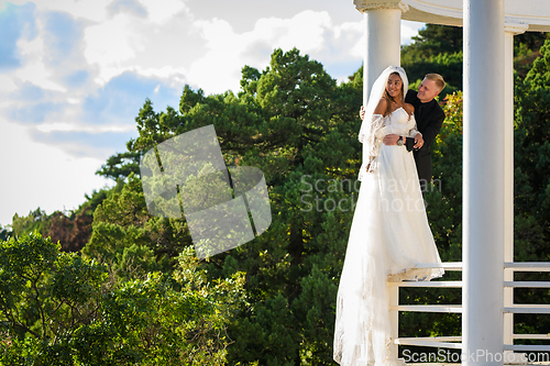 Image of Happy newlyweds stand on the metal fence of the gazebo and look into the distance