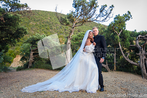 Image of Beautiful interracial wedding couple on the background of the old forest and mountains