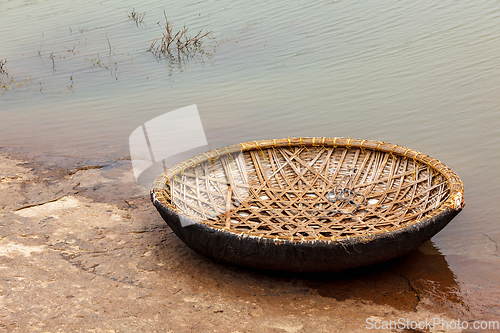 Image of Wickerwork coracle boat in Hampi, Karnataka, India