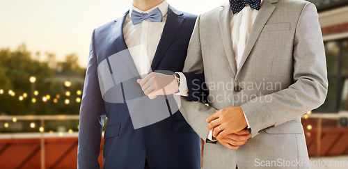 Image of close up of happy male gay couple at party