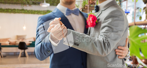 Image of close up of happy male gay couple dancing