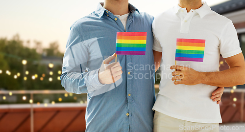 Image of male gay couple hugging and holding rainbow flags