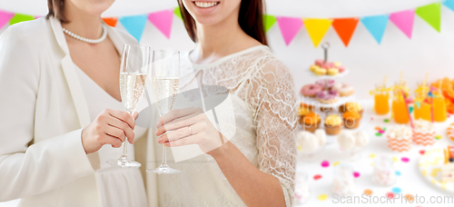Image of close up of female gay couple with champagne