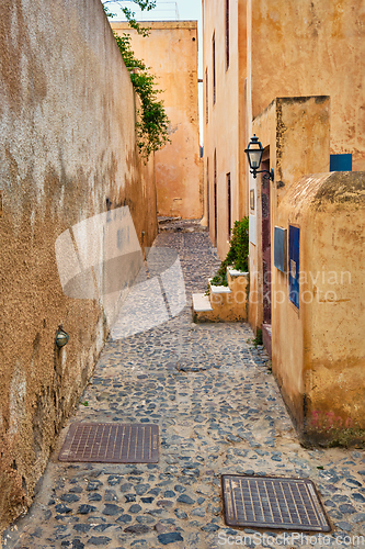 Image of Greek picturesque scenic street of Oia town on Santorini island in Greece