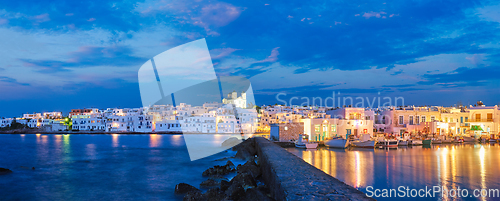 Image of Panorama of picturesque Naousa town on Paros island, Greece in the night