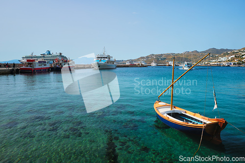 Image of Greek fishing boat in port of Mykonos