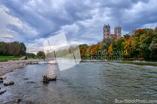 Image of Isar river, park and St Maximilian church from Reichenbach Bridge. Munchen, Bavaria, Germany.