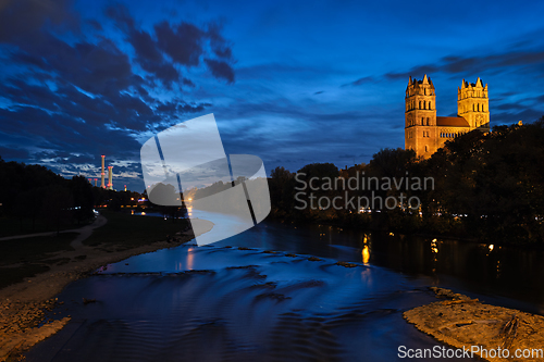 Image of Isar river, park and St Maximilian church from Reichenbach Bridge. Munchen, Bavaria, Germany.