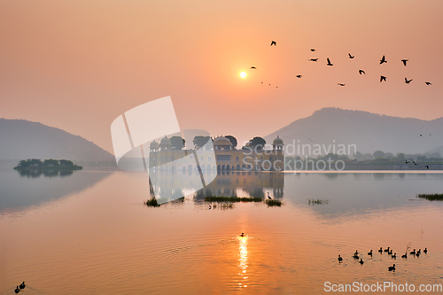 Image of Tranquil morning at Jal Mahal Water Palace at sunrise in Jaipur. Rajasthan, India