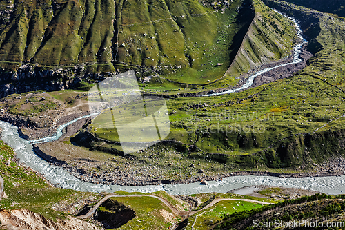 Image of Lahaul valley with Chandra river in Himalayas. Himachal Pradesh, India