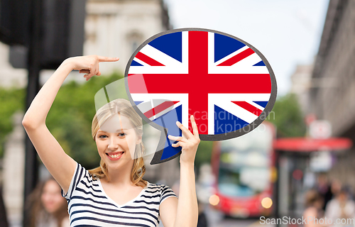 Image of smiling woman with british flag on text bubble