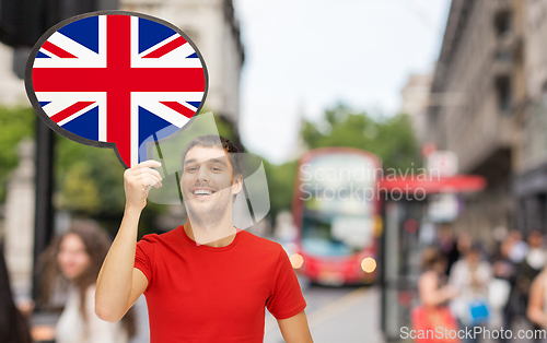 Image of smiling man with british flag on text bubble