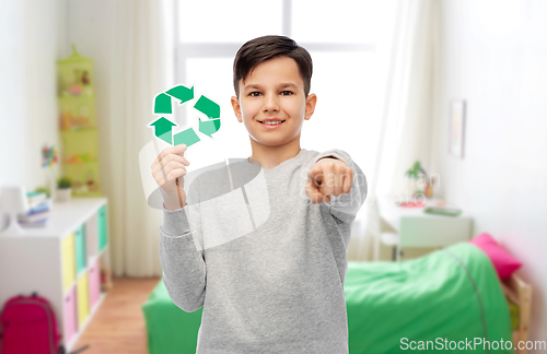 Image of happy boy with recycling sign pointing to you