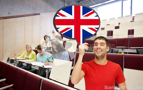 Image of smiling man with british flag on text bubble