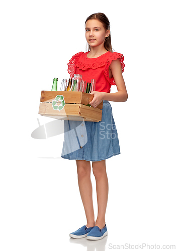 Image of smiling girl with wooden box sorting glass waste