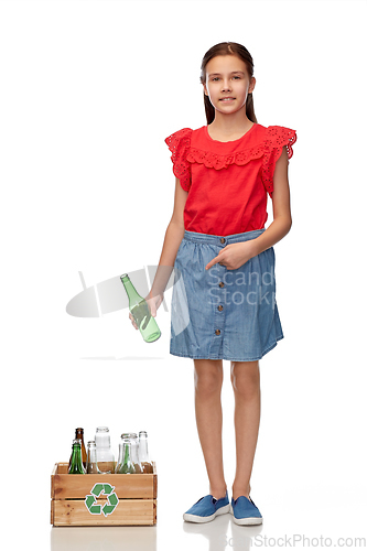 Image of smiling girl with wooden box sorting glass waste