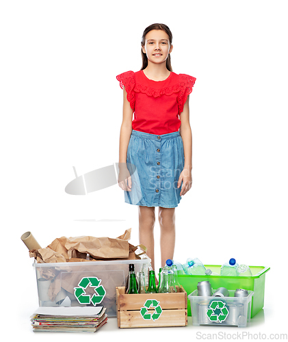 Image of happy girl sorting paper, metal and plastic waste