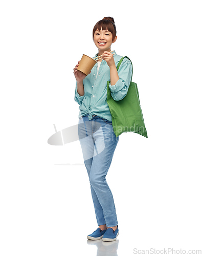 Image of asian woman with reusable bag for food and wok