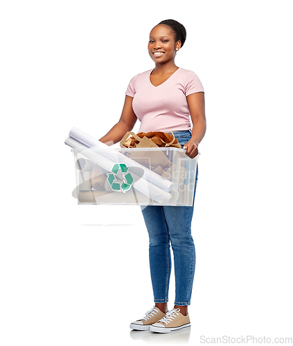Image of happy african american woman sorting paper waste