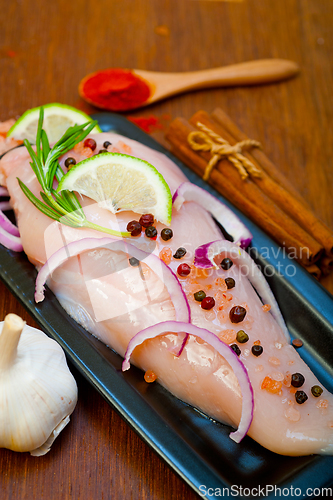 Image of fresh organic chicken breast with herbs and spices