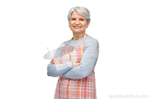 Image of portrait of smiling senior woman in apron