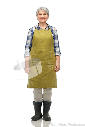 Image of portrait of smiling senior woman in garden apron