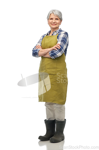 Image of portrait of smiling senior woman in garden apron