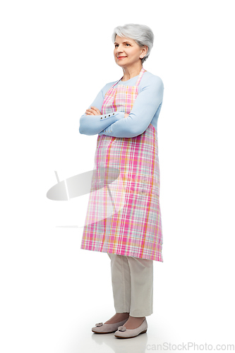 Image of portrait of smiling senior woman in apron