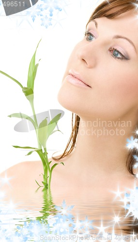 Image of blue-eyed brunette with bamboo