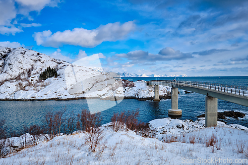 Image of Djupfjord Bridge Djupfjordbrua in winter. Lofoten islands, Norway