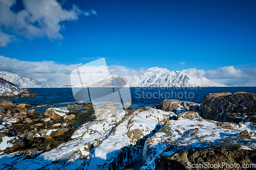 Image of Lofoten islands and Norwegian sea in winter, Norway