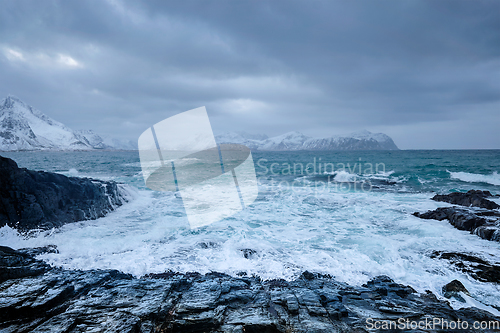 Image of Norwegian Sea waves on rocky coast of Lofoten islands, Norway