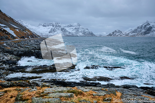 Image of Norwegian Sea waves on rocky coast of Lofoten islands, Norway