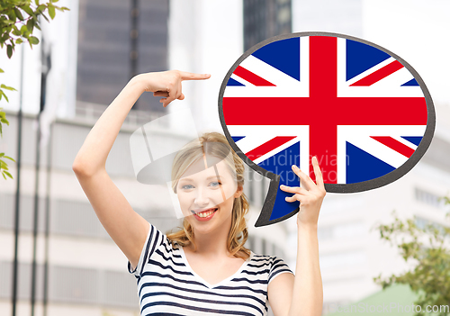 Image of smiling woman with british flag on text bubble