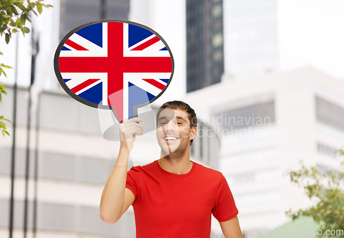 Image of smiling man with british flag on text bubble