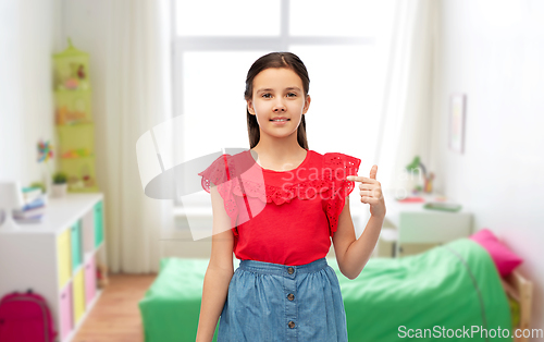 Image of happy smiling girl pointing finger to herself