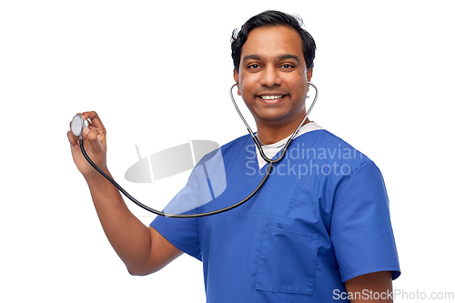 Image of happy indian male doctor or nurse with stethoscope