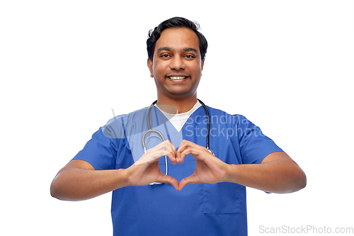 Image of indian doctor with stethoscope showing hand heart