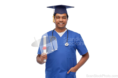 Image of happy indian doctor or male nurse with stethoscope