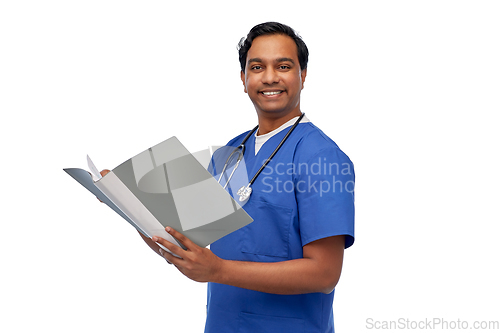 Image of happy indian doctor with medical report in folder