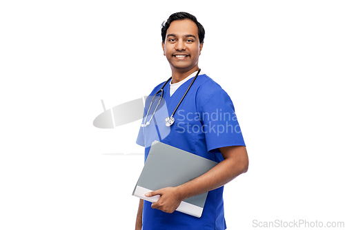 Image of happy indian doctor with folder and stethoscope