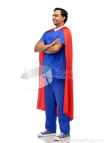 Image of smiling doctor or male nurse in superhero cape