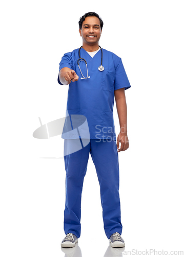 Image of indian doctor with stethoscope pointing to camera