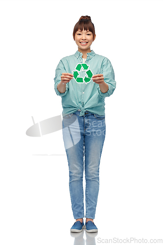 Image of smiling asian woman holding green recycling sign