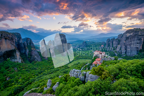 Image of Sunset sky and monasteries of Meteora