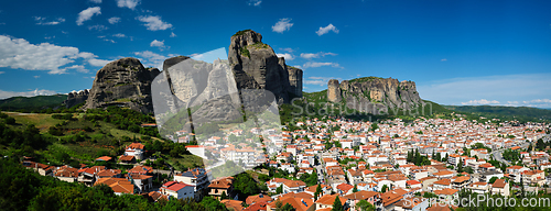 Image of View of Kalampaka village in famous greek tourist destination Meteora in Greece