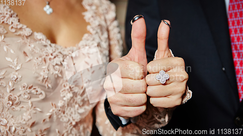 Image of wedding rings on fingers painted with the bride and groom